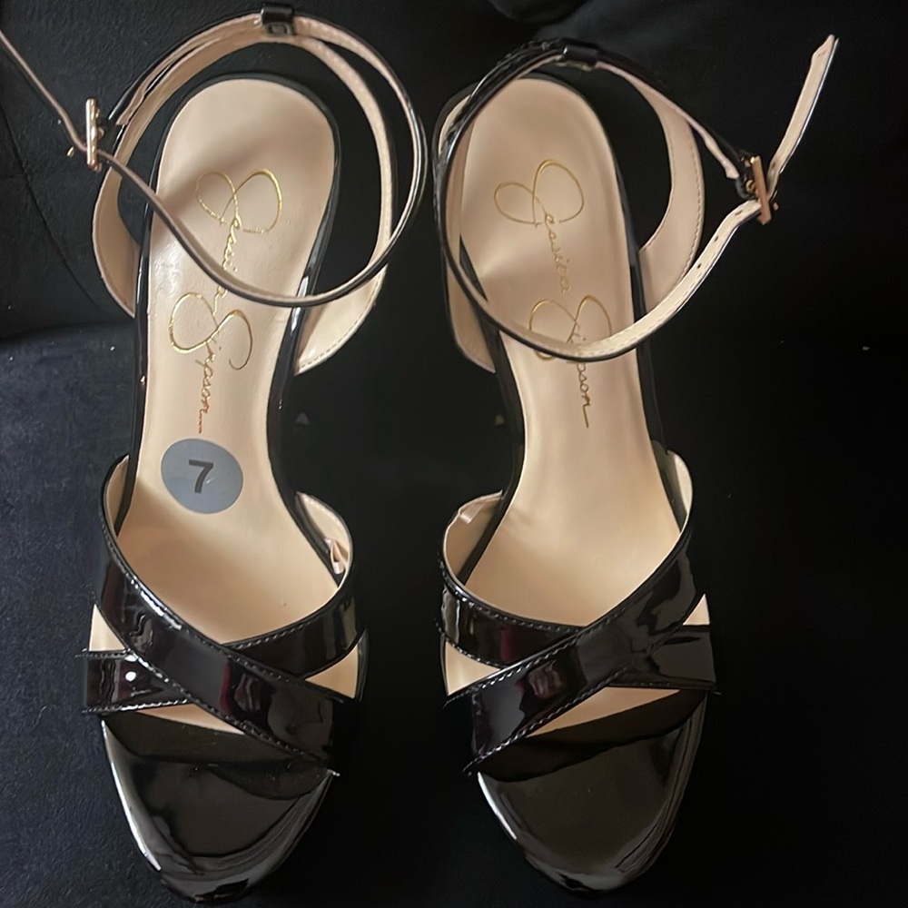 Jessica Simpson, size 7 wedges. Black, shiny. New